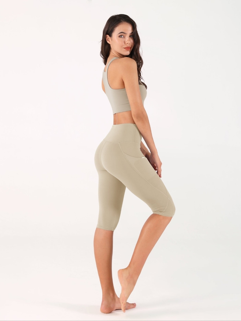 ODODOS High Waist Knee Length Leggings Taupe 2XL Athletic Cropped Yoga